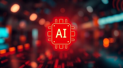 Glowing AI Icon on a Blurred High-Tech Background Symbolizing Artificial Intelligence and Technological Advancement