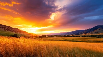 Fototapeta premium A breathtaking sunset over rolling hills and golden fields, showcasing vibrant hues of orange, pink, and purple. Nature's beauty captured in a stunning landscape setting.