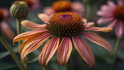Close up of purple echinacea flowers blooming in a garden.