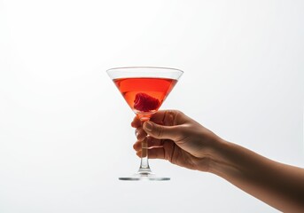 Hand holding a vibrant cocktail with a strawberry garnish