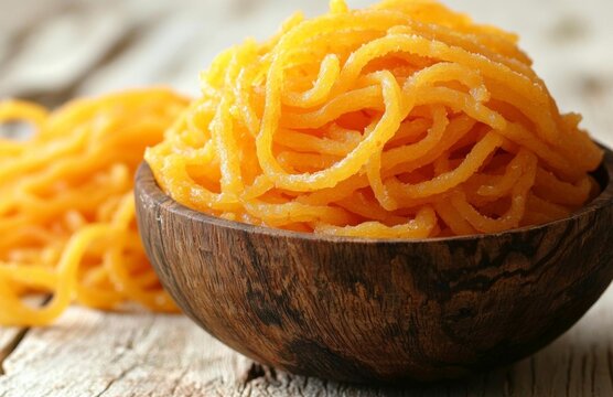 Jalebi or Jilapi in Wooden Bowl Isolated on White Background with Copy Space, Also Known as Zalabia or Mushabak , isolated on white background,  , copy space, copy space for text,
