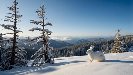 variable hare in the mountains in winter among the snow