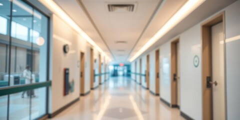 Luxurious hospital corridor with a blurred clinic interior background, creating a serene and sophisticated healthcare atmosphere,  interior,  corridor