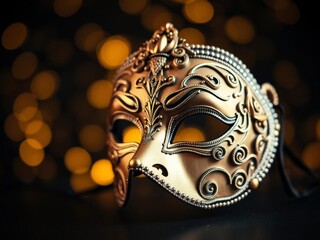 Naklejka premium Luxury venetian mask with intricate details on dark golden bokeh background for New Year and Christmas party celebration design banner, banner, dark
