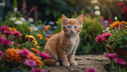 red kitten standing still in a beautiful garden full of colorful flowers in summer