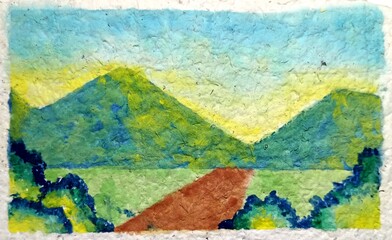 Fototapeta premium Watercolor painting of mountain with beautiful sky