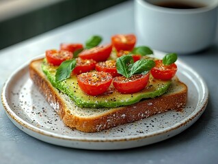 Delicious avocado toast with cherry tomatoes cozy kitchen food photography natural light gourmet concept