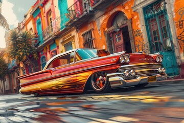 Classic lowrider car parked on a colorful street in Mexico during bright daylight hours showcases vibrant local culture and automotive artistry