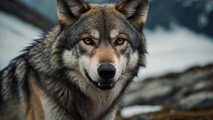 wolf in the mountains in the snow in winter