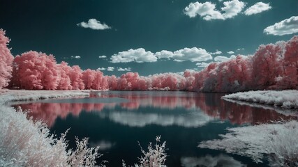 lake surrounded by trees in summer, photographed with infrared lenses