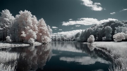 lake surrounded by trees in summer, photographed with infrared lenses
