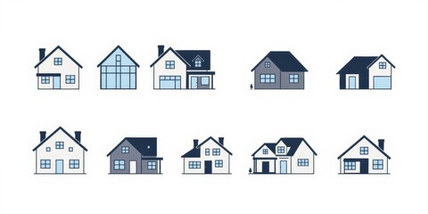Fototapeta premium Modern and sleek vector icons of various house designs isolated on a white background, perfect for real estate or property related projects, home, icon