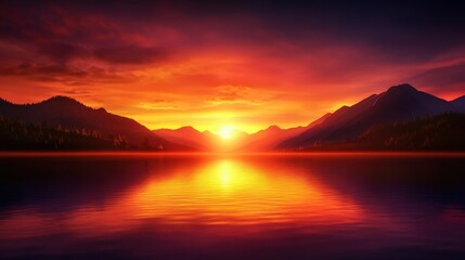 A breathtaking view of the sunset over a serene lake surrounded by majestic mountains, capturing vibrant hues of orange, pink, and purple, creating a peaceful and tranquil atmosphe