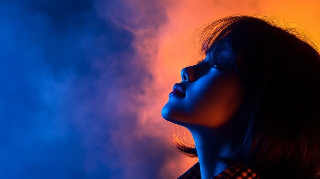 Profile of a woman illuminated by vibrant blue and orange lights amidst a smoky backdrop