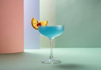 Refreshing blue cocktail garnished with an orange slice and cherry
