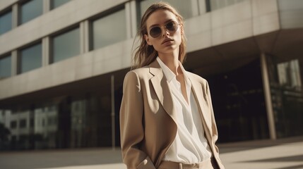Obraz premium Confident young caucasian female in stylish suit and sunglasses in urban setting