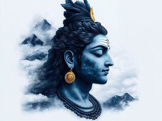 Divine portrait of lord shiva amidst majestic mountains and ethereal clouds spiritual artwork tranquil environment