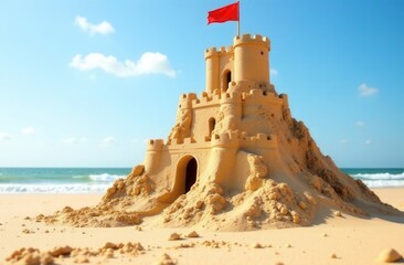 Majestic sandcastle with red flag on sunny beach