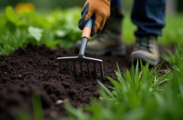 Gardener using rake on rich soil in lush garden setting