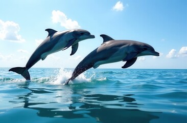 Two dolphins joyfully leaping over crystal blue ocean water under a clear sky