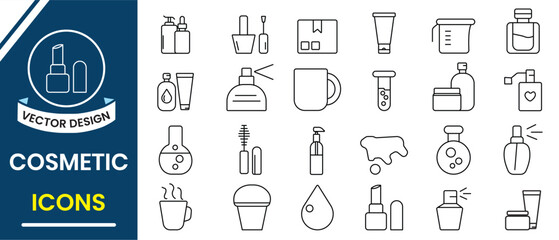 Cosmetic icons, vector collection. Cosmetic, beauty icon line.  Cream bottle, lipstick, brush makeup,  Clear Complexion, cleansing foam, refreshing wash, micellar water vector illustration.