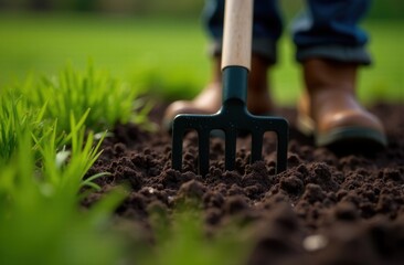 Gardening scene with rake and soil in sunlit garden
