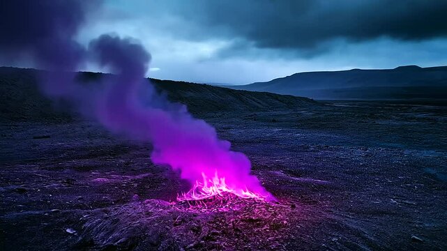 A dark purple fire lying on a patch of scorched earth in the middle of a desert, glowing eerily in the dim light as smoke rises in thick columns