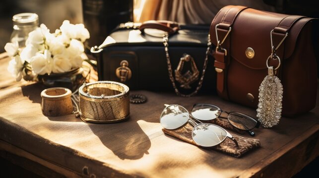 Elegant accessories arrangement featuring sunglasses, handbags, and jewelry