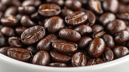 Fototapeta premium A close-up view of shiny, dark coffee beans in a white bowl, showcasing their rich texture and color.