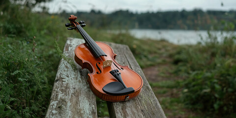 Violin on Rustic Bench by Water