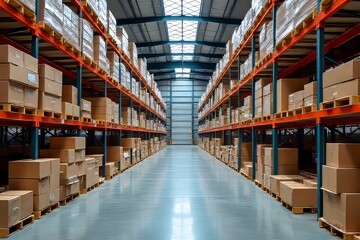 Organized Warehouse Filled with Cardboard Boxes on Metal Shelves