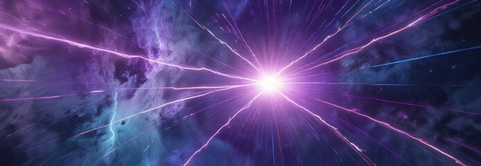 Cosmic rays intersecting with an abstract blue and purple background, complex, abstract