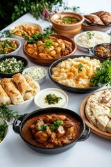 Festive table with national dishes of different countries, white background. 