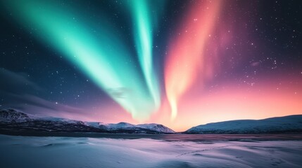 Naklejka premium A stunning display of the aurora borealis illuminates the night sky with vibrant greens and pinks over a snowy landscape.