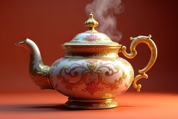 Ornate Gold-Accented Teapot with Steam and Floral Design