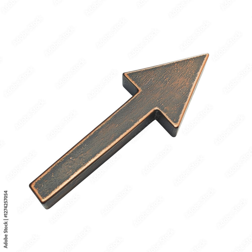Poster 3D metallic arrow pointing upwards, featuring textured surface and bronze finish, symbolizing direction and progress