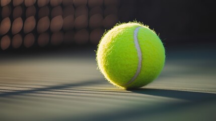 A vibrant yellow tennis ball rests on a court, casting soft shadows, with a blurred net in the background, depicting a serene moment in the game.