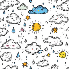 Cheerful clouds rain sunshine and stars happy weather art