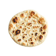 Freshly baked naan bread with a charred soft surface on a clean white background