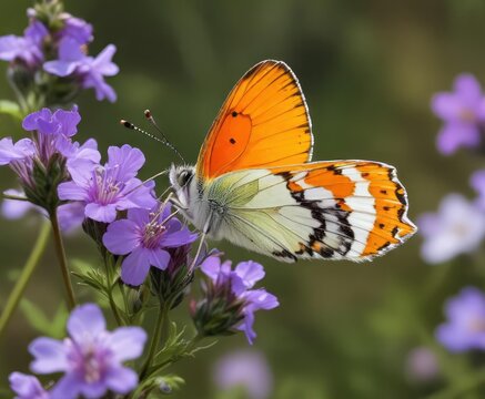 Colorful orange tip Anthocharis cardamines butterfly sipping nectar from purple wild flower , garden, butterfly