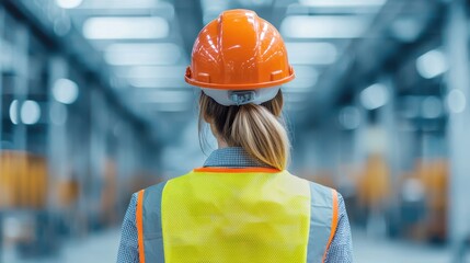 A construction worker in a hard hat and safety vest stands in a warehouse, emphasizing safety and professionalism in an industrial environment.