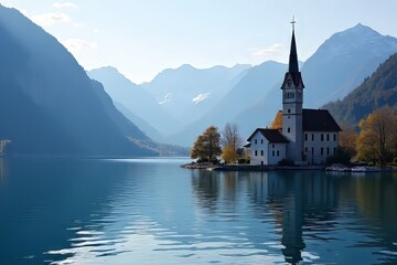 Picturesque Lakeside Church Reflecting in Calm Water, Mountain Scenery