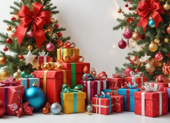 Colorful Christmas background with gifts and ornaments on a white background , wrappingpaper, giftbox, winter