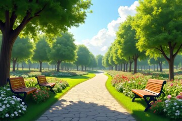 Picturesque Park Pathway Lined With Trees and Flowers