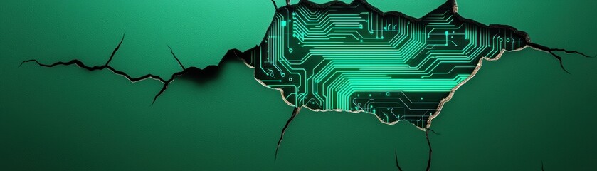 A digital circuit design emerges from a crack in a green surface, symbolizing the fusion of technology and nature.