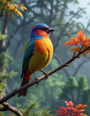 Obraz premium Colorful bird perched on branch above treetops, leafy greens, arboreal, tree