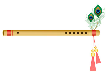 Kerala traditional odakuzhal or lord krishna flute with peacock feathers Isolated transparent background, png image for festival of vishu and janmashtami 