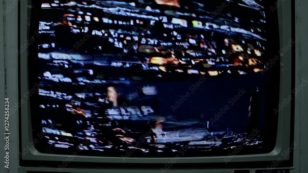 Aufkleber a distorted video image with a glitch effect, viewed from a straight-on angle, creating a surreal, a