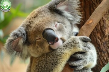 Obraz premium Koala peacefully sleeping while hugging a tree branch in a lush environment surrounded by green foliage