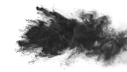 Dark gray black dust powder explosion transparent PNG, isolated background. Dynamic blast eruption, monochrome color effect